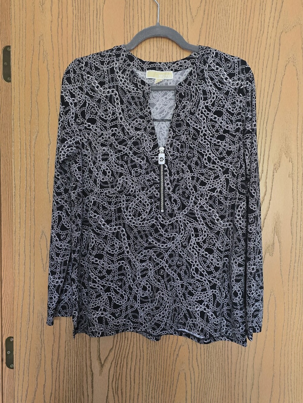 Michael Kors Black Long-Sleeve Chain-Print Zip Top